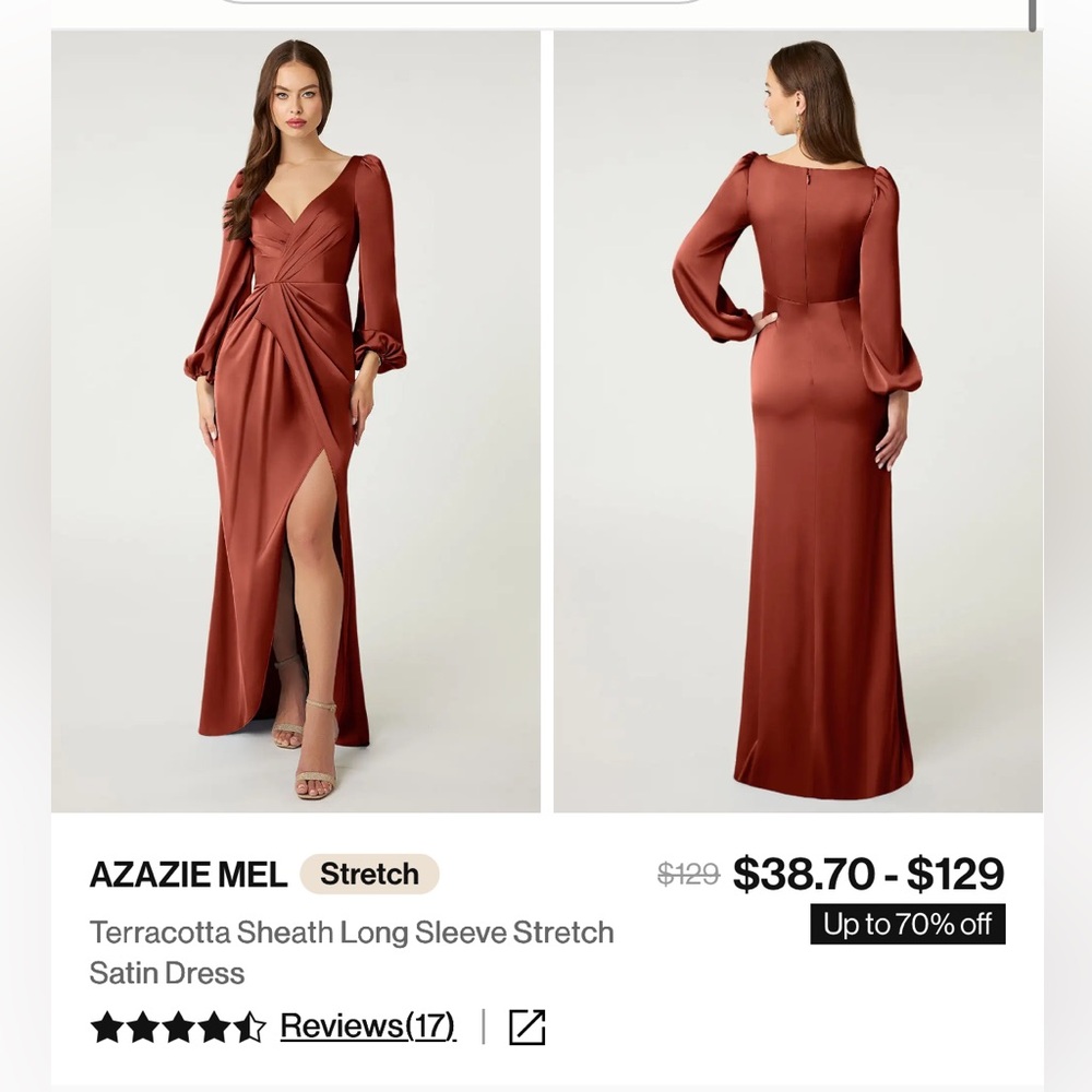 NWT Azazie Mel Stretch Satin Bridesmaid Dress in Terracotta